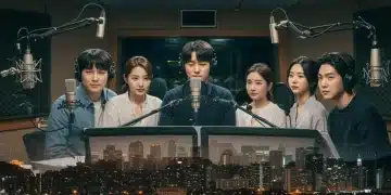 Voice actors in a modern studio, representing the K-Drama voice acting boom in the US.