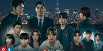 K-drama characters on a screen, streaming platform logos, and American city skyline illustrating cultural impact.