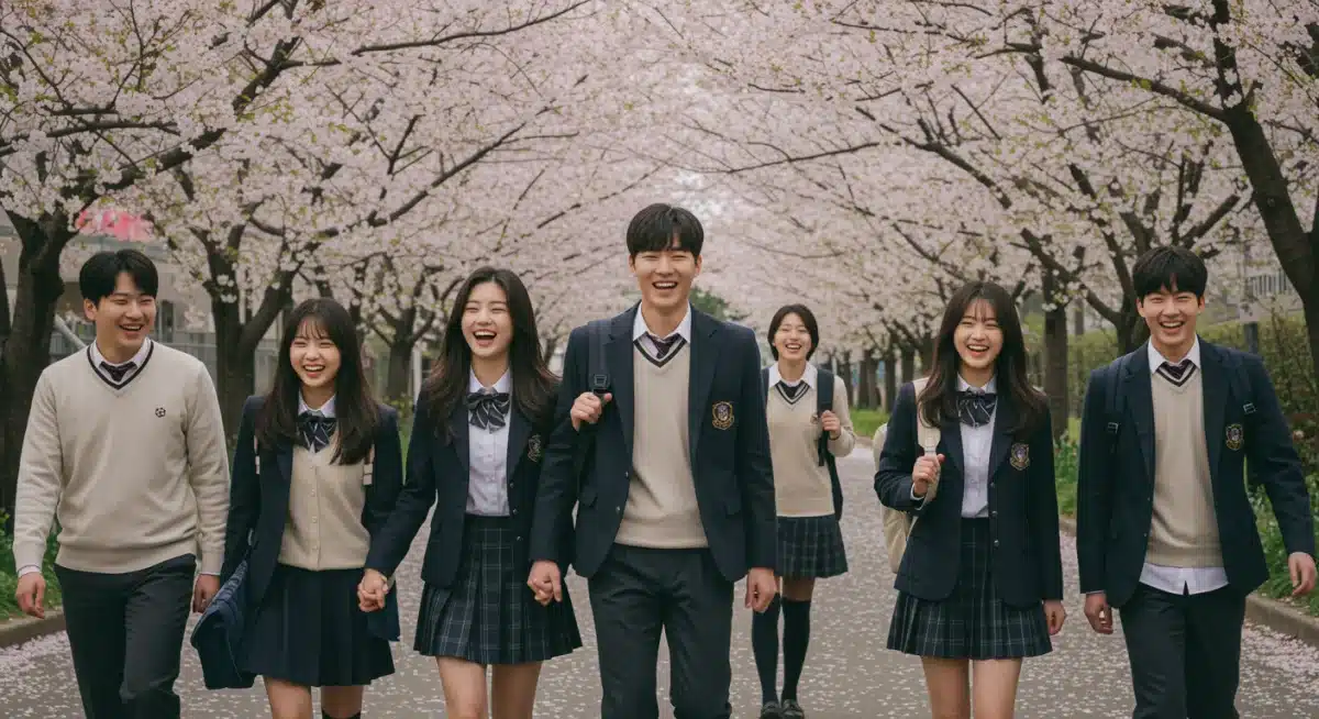 Young K-drama characters in a cherry blossom street, representing youthful friendship and growth.