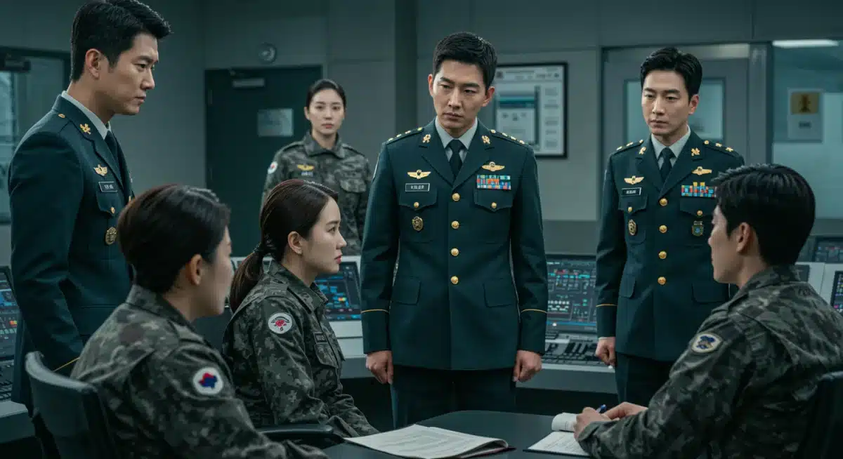 Actors in military uniforms discussing strategy in a K-drama