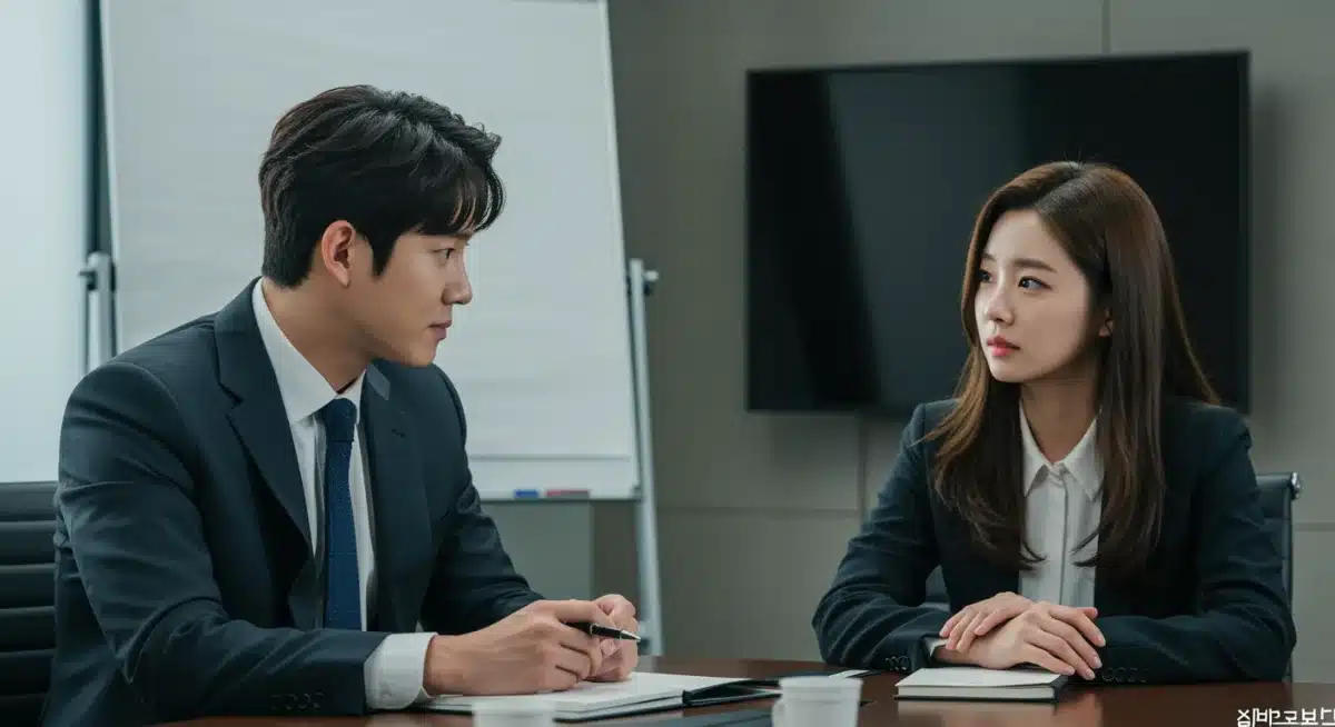 K-drama actors exchanging a subtle glance in a conference room, hinting at office romance