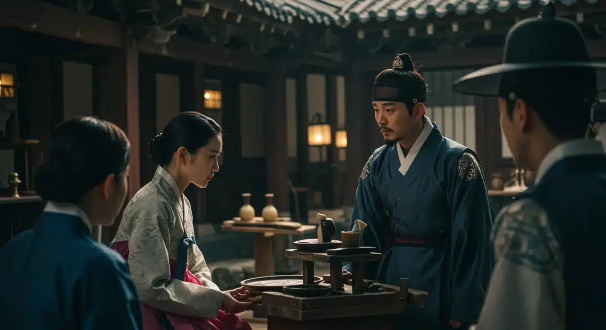 Intricate historical K-drama set design with modern narrative elements