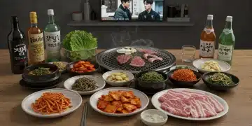 Korean Cuisine's 2025 US Rise: K-Drama's 10% Demand Surge Vibrant Korean BBQ spread with various dishes and K-drama influence in a modern kitchen setting.