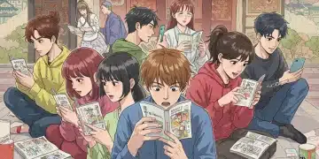 Young adults reading Korean webtoons on smartphones, vibrant digital art style