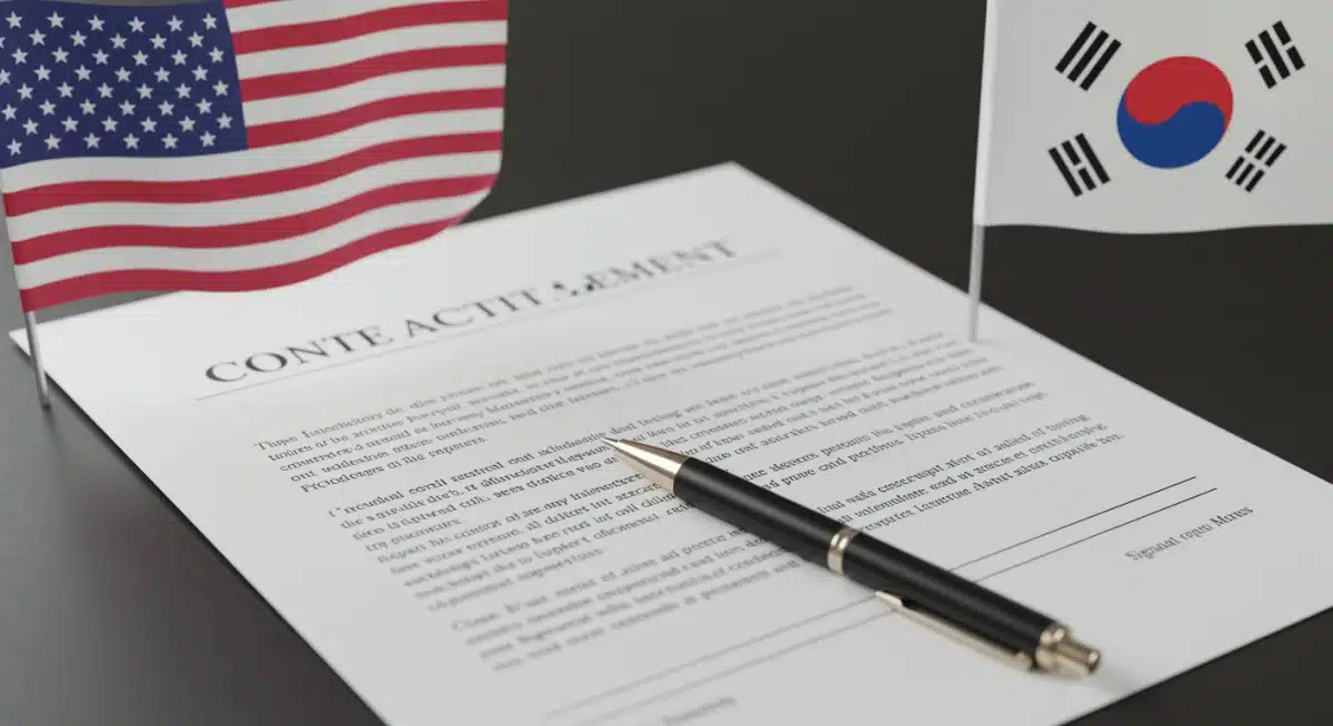 Legal contract with US and South Korean flags, symbolizing international acting agreements.