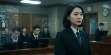 Dynamic image of a determined lawyer in a high-tech Korean courtroom, symbolizing the intersection of legal drama and societal issues in K-dramas.