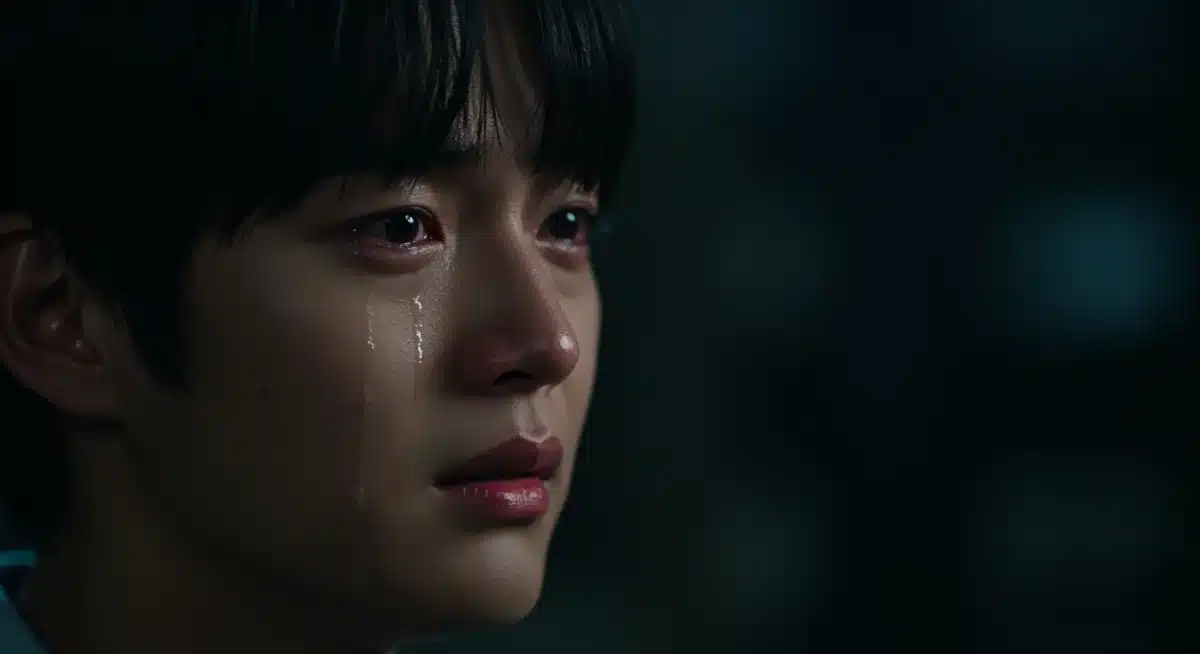 Close-up of a character crying, depicting emotional intensity often found in K-drama makjang series.