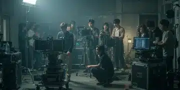 Modern K-Drama production set with crew and advanced equipment in action.