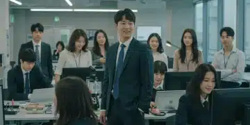 Modern office setting with diverse young professionals, illustrating workplace K-dramas