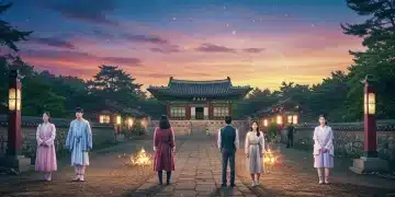 Mystical Korean drama scene with glowing characters and magical effects