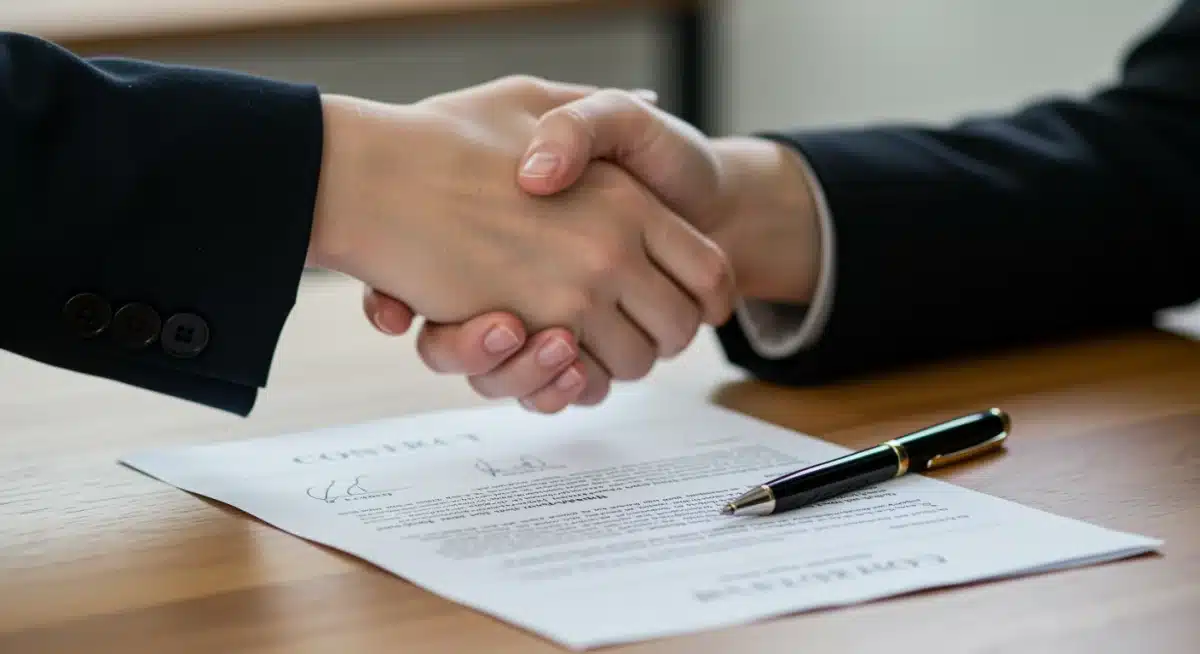 Hands shaking over a signed legal contract, symbolizing the successful completion of a K-Drama talent negotiation.