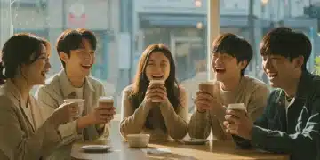 Young adults enjoying coffee in a cafe, symbolizing slice-of-life K-drama charm.