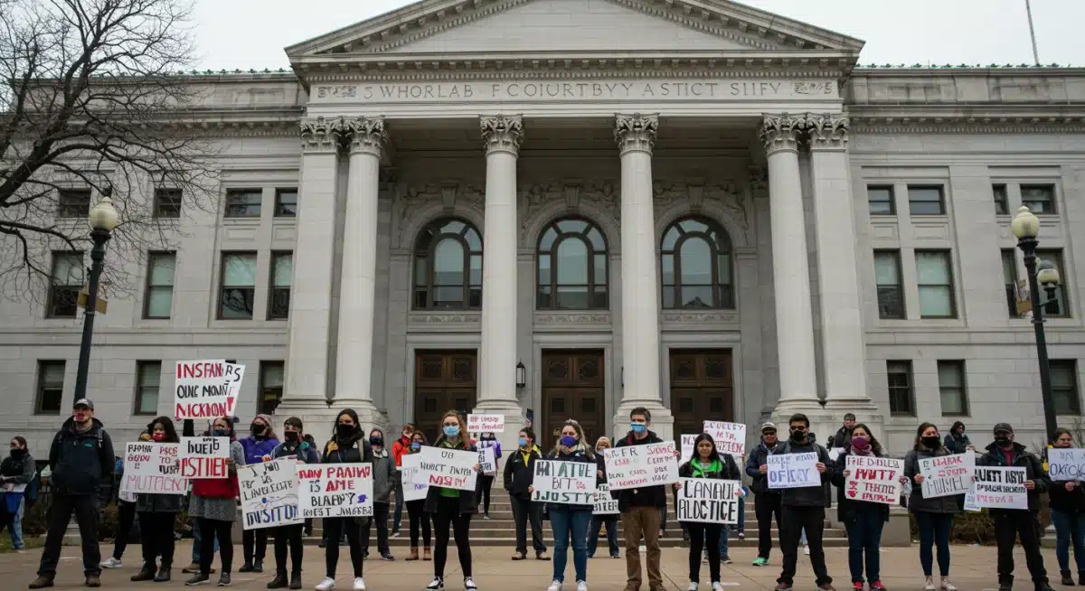 Protesters advocating for social justice outside a grand courthouse, illustrating the social commentary often found in legal K-dramas.