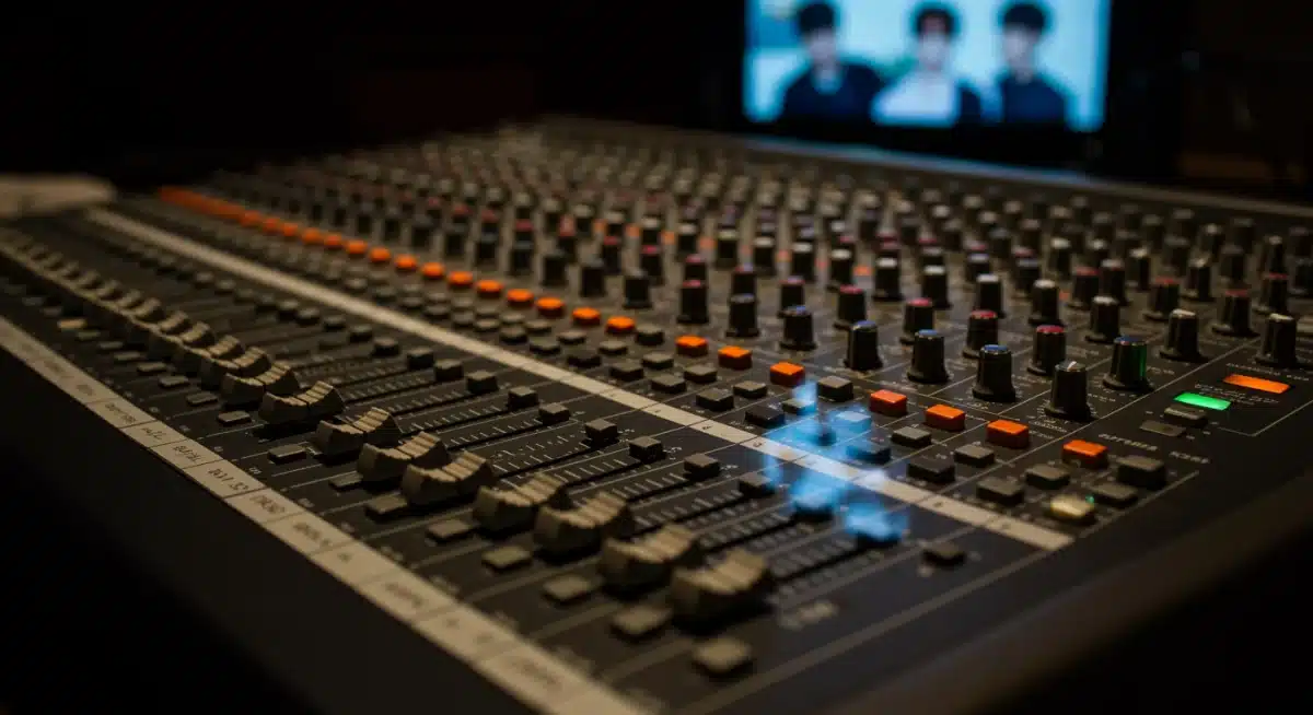 Sound engineer's mixing board for K-Drama voice acting production.
