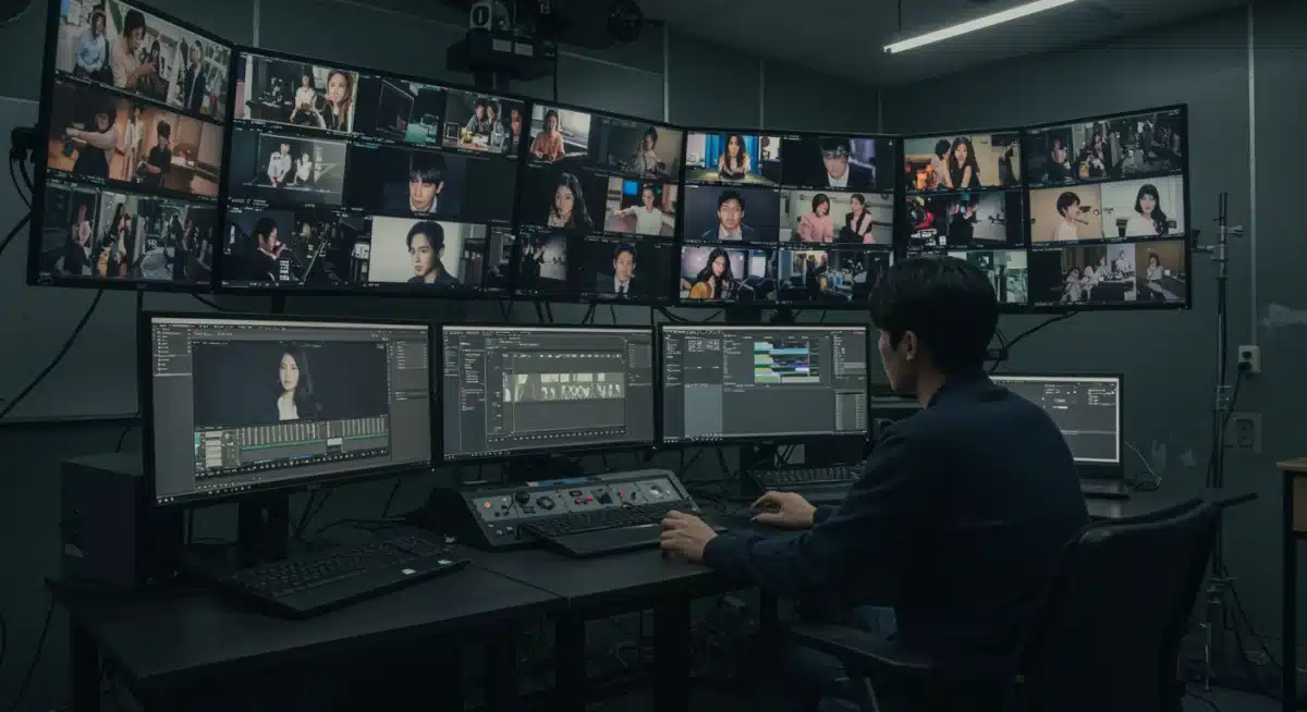Student editing K-Drama footage in a film school lab