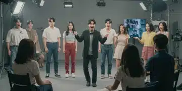 Actors auditioning for K-drama roles in a US casting call studio, showcasing diverse talent.