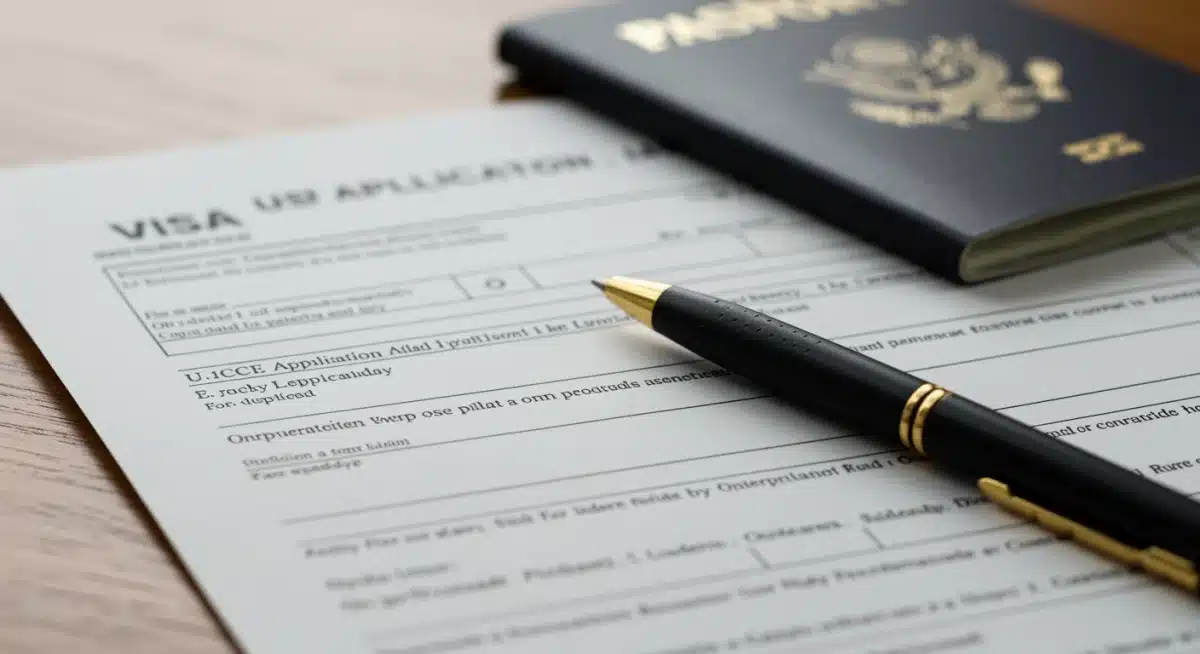 US visa application form with passport and pen