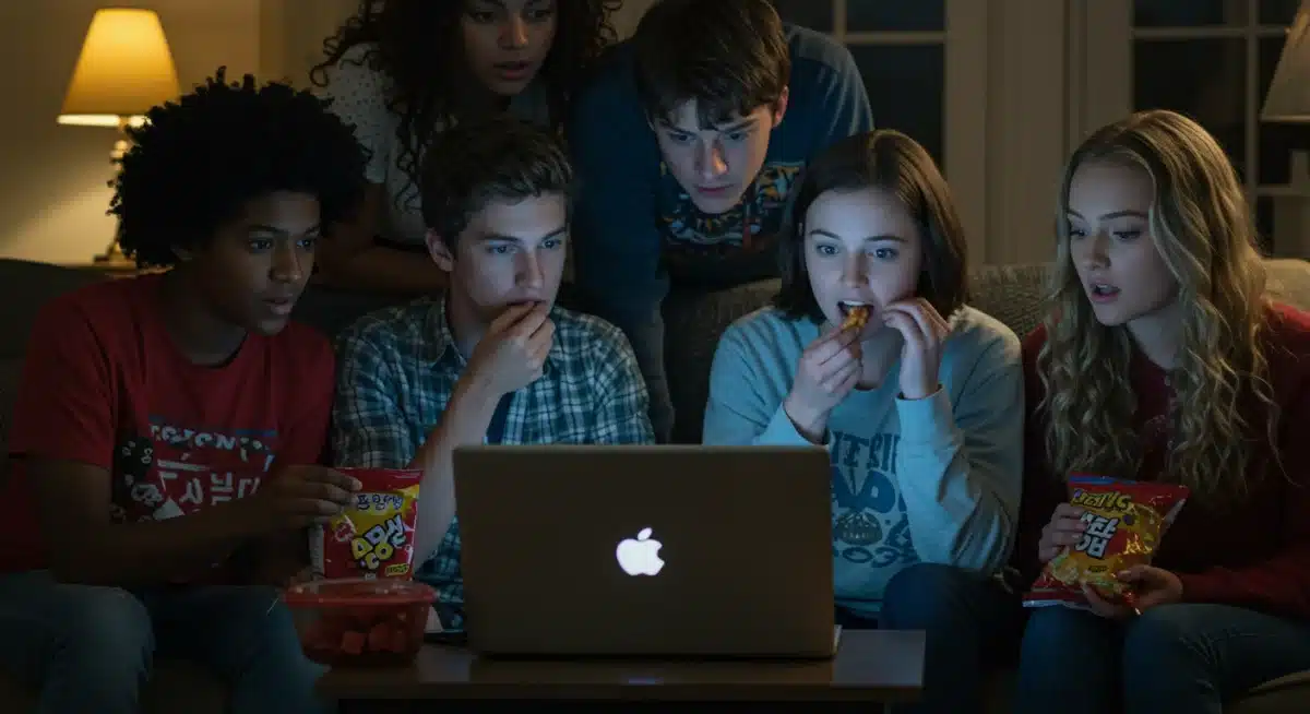 Teenagers watching a K-drama together, sharing Korean snacks