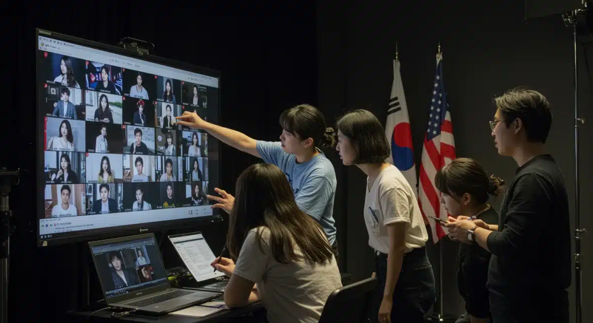 Casting directors reviewing diverse headshots for K-drama roles in U.S. productions.