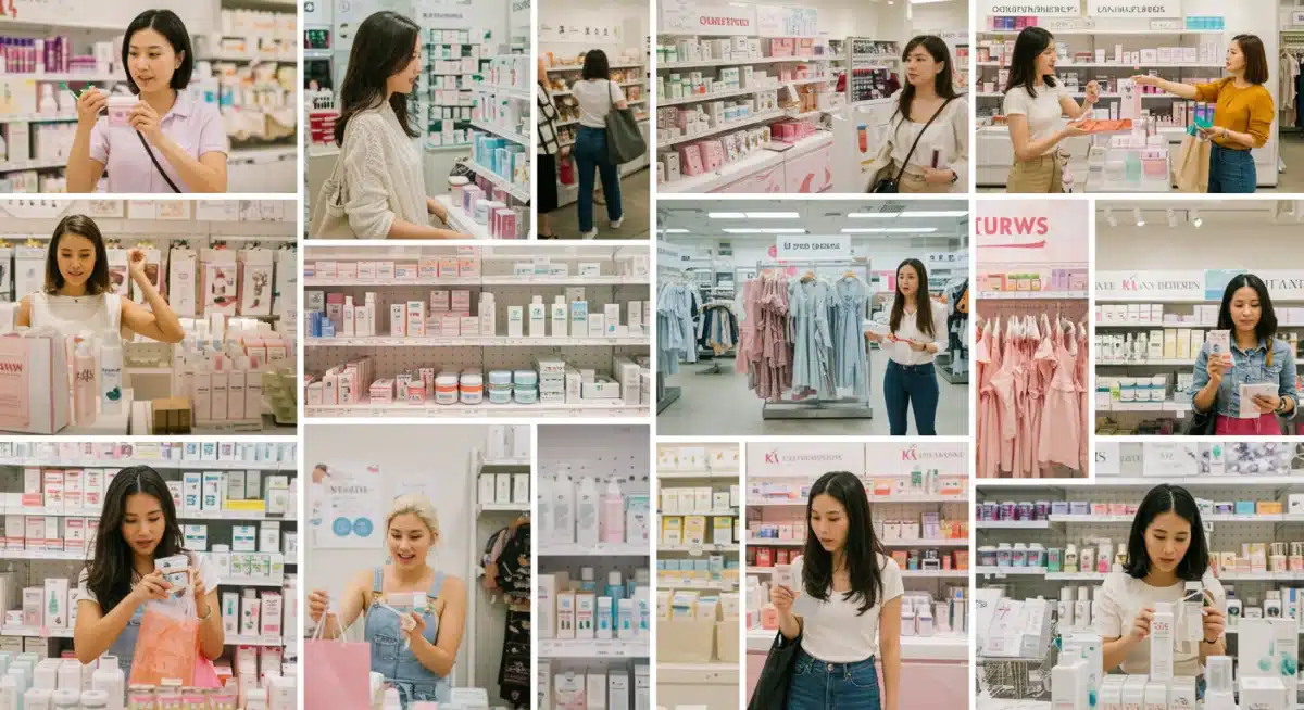 Diverse U.S. consumers engaging with K-beauty and K-fashion products in a retail setting, highlighting the broad appeal.