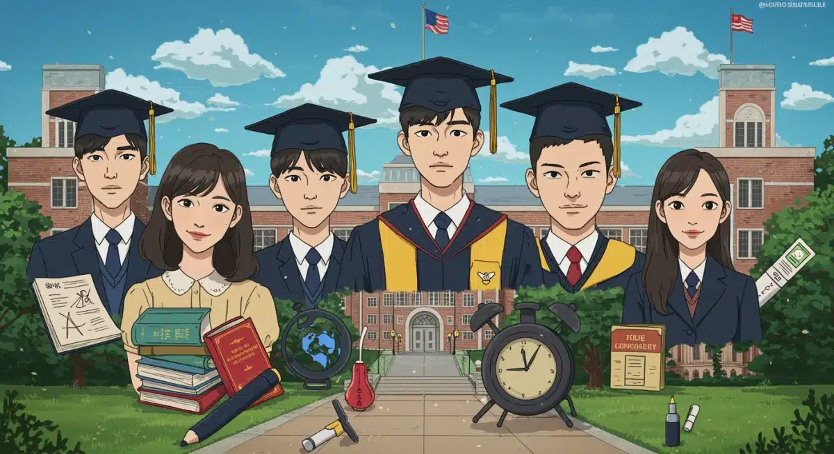 Illustration of K-Drama characters and academic symbols on a university campus.
