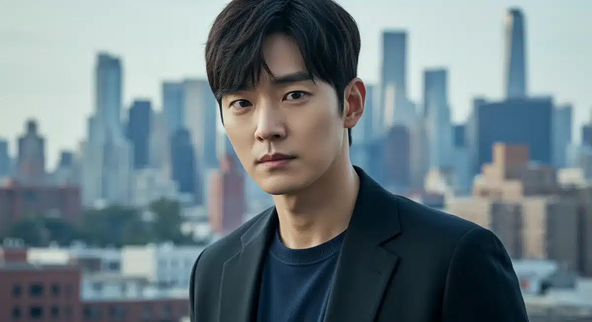 K-drama actor's headshot against a city skyline, representing global ambition.