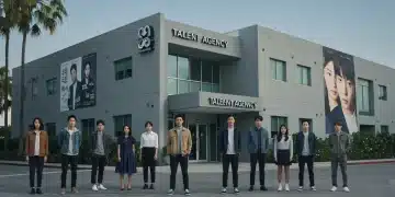 Actors standing outside a talent agency building, symbolizing K-drama talent in the US market.