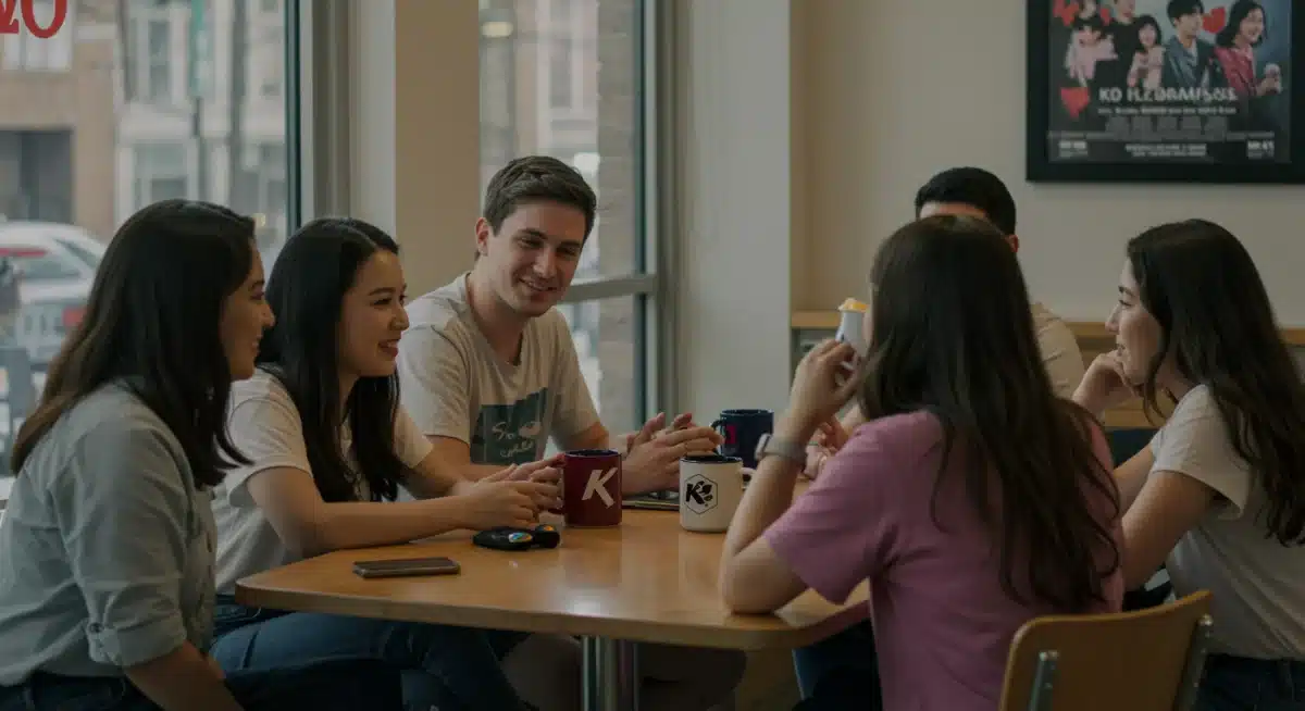Young adults discussing K-dramas in a vibrant cafe setting