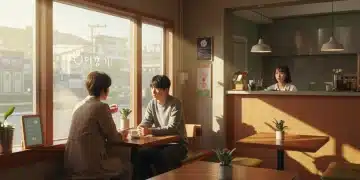 Two friends enjoying coffee in a visually appealing Korean cafe, representing the comforting atmosphere of slice-of-life K-dramas.
