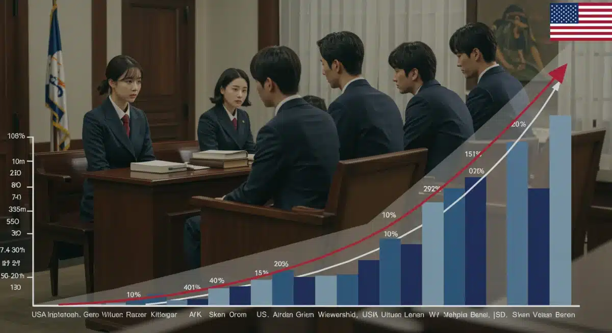 K-drama courtroom scene with data chart showing increased U.S. engagement