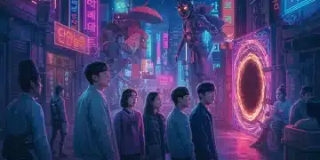 Futuristic Korean fantasy drama scene with mythical creatures and diverse characters