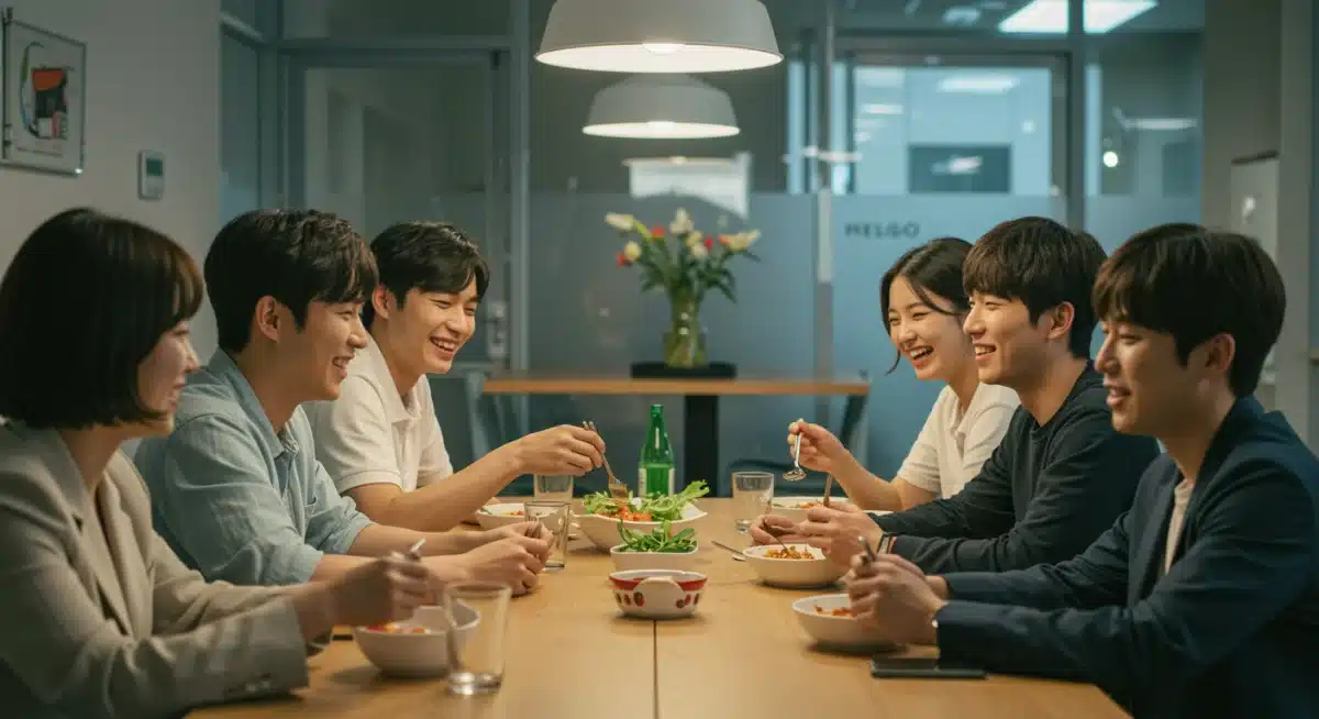 Friends laughing and eating together, reflecting community bonds in K-dramas.