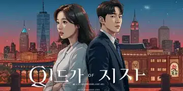 Queen of Tears characters in a vibrant cityscape, symbolizing global cultural impact and US success.