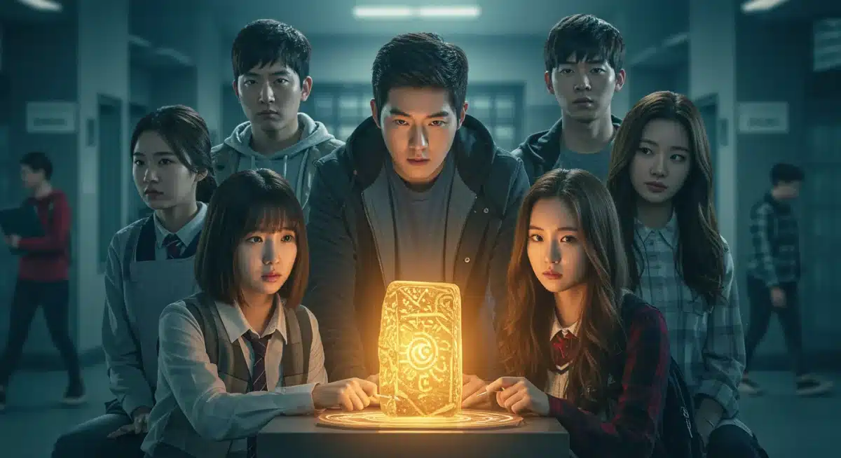 Urban fantasy K-Drama characters interacting with a magical artifact