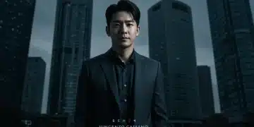 Vincenzo Cassano, K-drama protagonist, in a dark suit against a modern city skyline, reflecting morally gray character