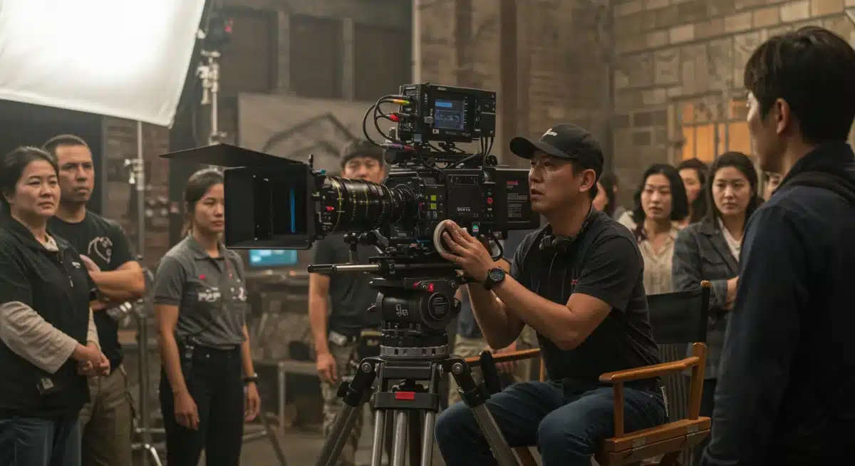 Director on set overseeing the production of a K-Drama adaptation, emphasizing creative vision and team collaboration.