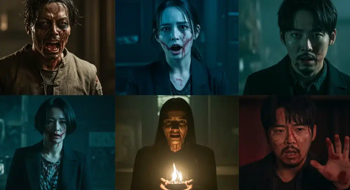 Collage depicting various horror K-Drama subgenres, including zombies, ghosts, and psychological elements.