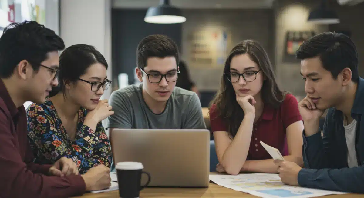 Young people discussing global cultures and international relations, fostering understanding