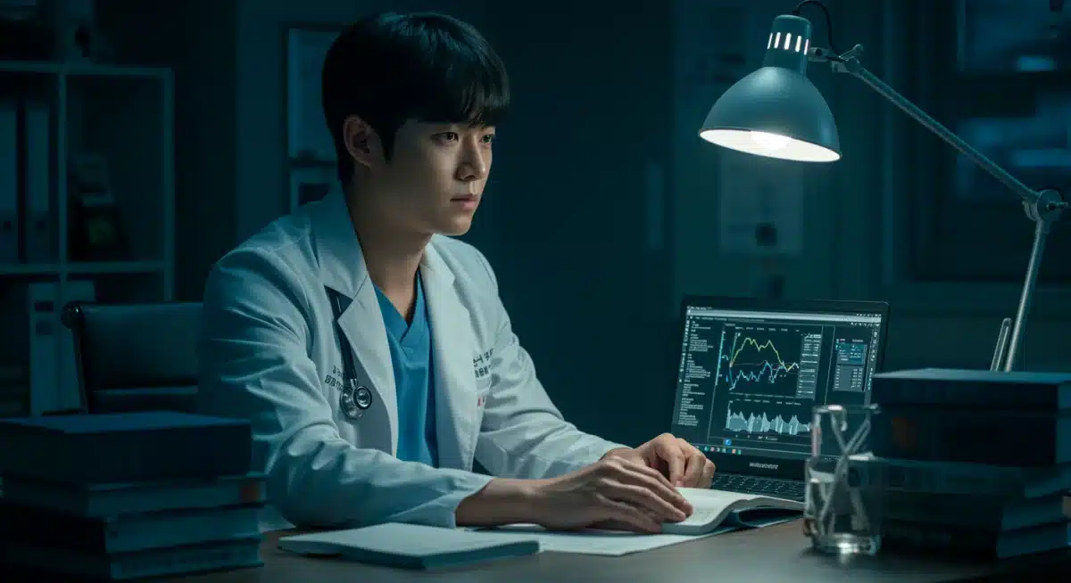 K-Drama doctor studying medical research late at night.