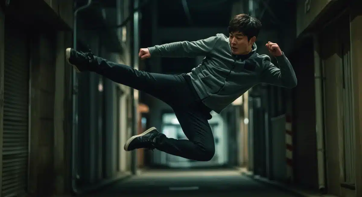 K-Drama actor performing a precise spinning kick in an urban setting