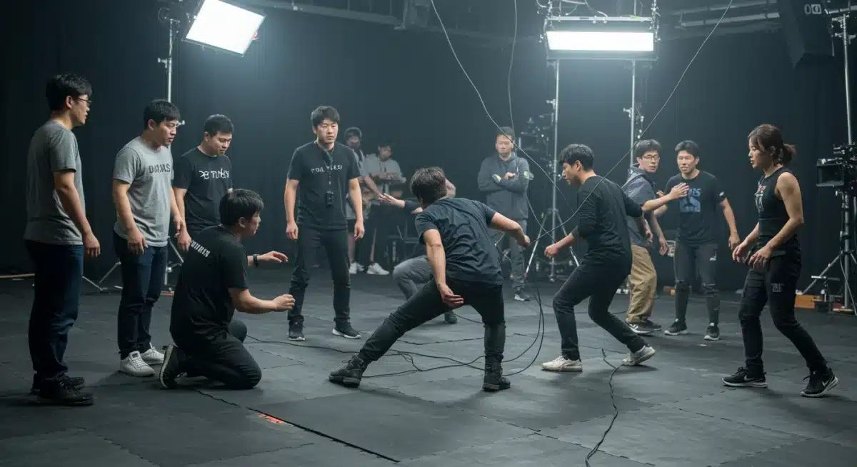 Behind-the-scenes K-Drama stunt team rehearsing a complex fight sequence