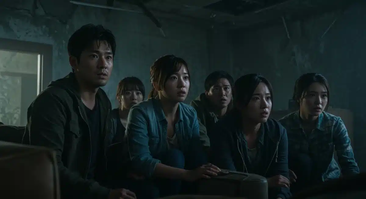 Survivors huddle in a destroyed building in Sweet Home Season 3, showing fear and determination