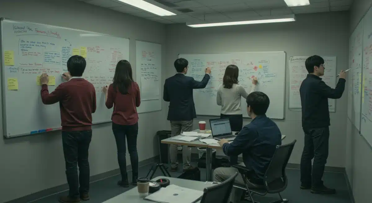 Writers collaborating in a writers' room, adapting K-Drama plotlines and characters for an American audience.