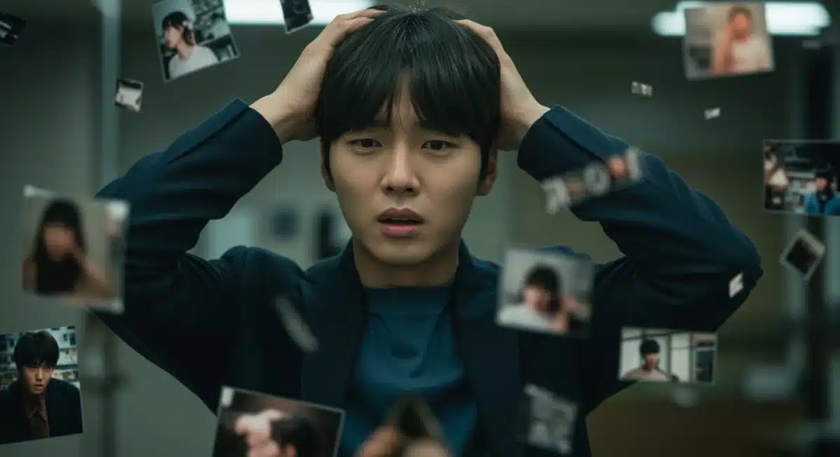 Character experiencing amnesia in a K-Drama thriller, surrounded by fragmented memories.
