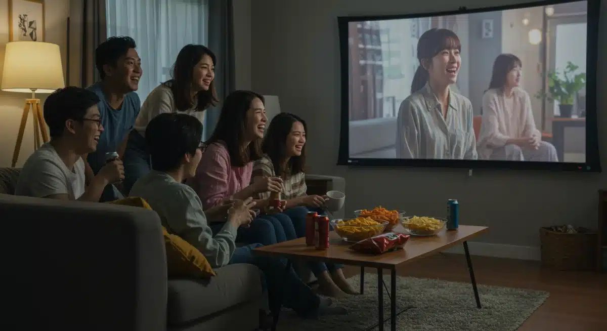 Diverse friends watching K-Drama together, sharing a communal viewing experience.