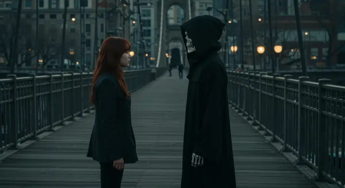 Goblin Grim Reaper Sunny bridge encounter, dramatic high-angle shot