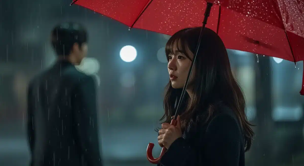 Goblin red umbrella scene, rain, symbolic K-Drama visual