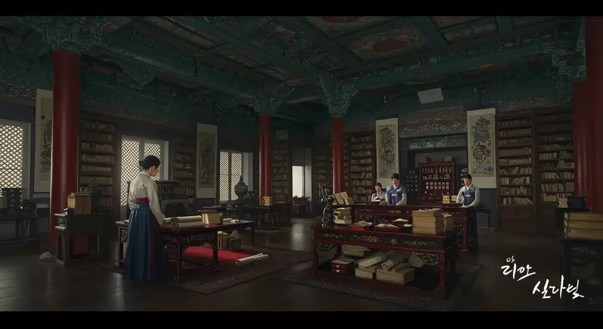 Joseon Dynasty royal library interior with ancient scrolls and books, reflecting historical setting