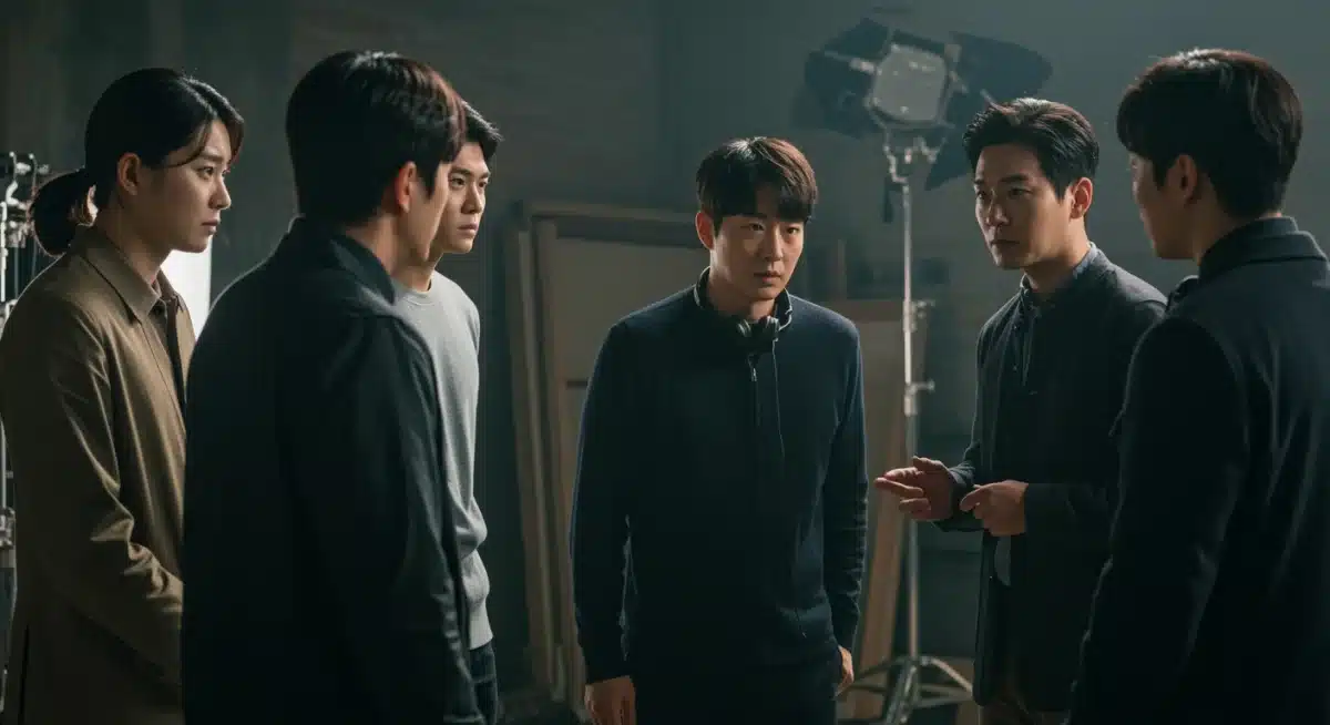 K-Drama actors and director discussing a scene on set, emphasizing professional collaboration.