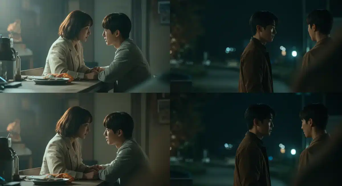 Split screen depicting conflicting perspectives, illustrating unreliable narration in K-Drama.